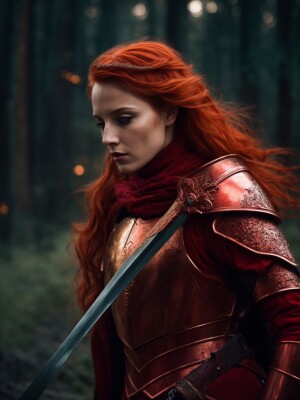 there is a woman with a sword and a helmet on, female redhead te...