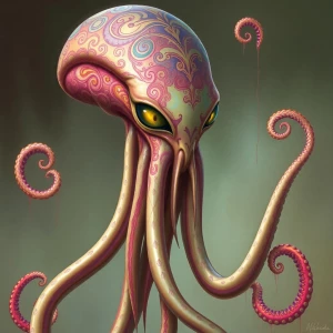 With glistening, ivory tentacles elegantly adorned with intricat...
