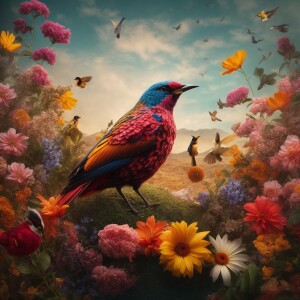 Generate an image of a bird made out of flowers
