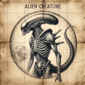 Alien creature illustrated on aged parchment with anatomical bon...