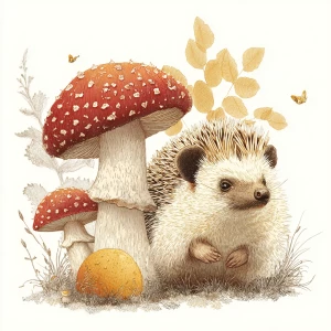 Small hedgehog sitting calmly beside mushroom, vintage illustrat...