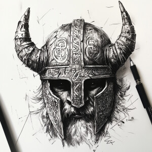 Draw an ink style depiction of a Viking helmet, adorned with hor...