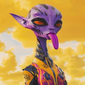 Create an image of a female alien with an art style reminiscent...