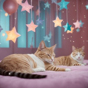 Pastel sleeping cats with hanging stars and moons in the backgro...