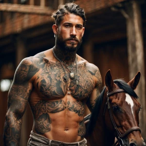 Tattooed Men without shirts riding horses