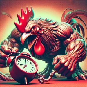 Anamorphic rooster with an exaggerated menacing expression  hold...