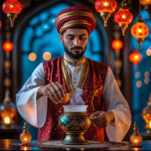 ein tradionell gekleiderter marokkanischer Mann serviert einen t...