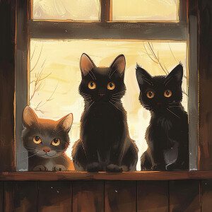 A cartoon of three mischievous cats sitting on a ledge, looking...