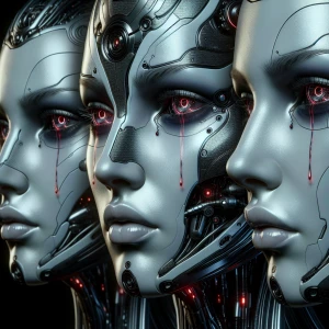 Three ghostly women, red eyes, red tears, pale skin, dark backgr...