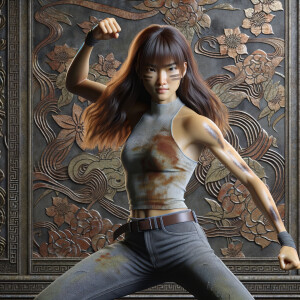 Athletic Thin skinny Attractive, Asian teenage girl, long brown hair and bangs, wearing tight skinny jeans and a halter top paint marks on her clothing, heroic pose Asian graffiti background