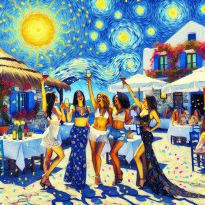 Five greek female friends, bachelorette party, in a Greek Island...