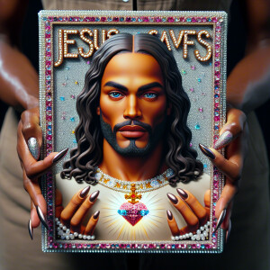 A 3D realistic artwork featuring the phrase 'Jesus Saves' adorne...