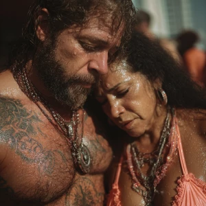 Hyperrealism ,a latin muscular beefy bearded tattoed sweaty ma...