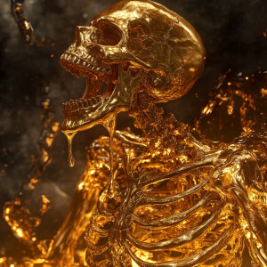 A detailed and realistic depiction of a golden skeleton oozing m...