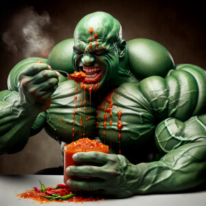 Hulk eating chili peppers sauce