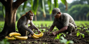 “Monkey eating the bananas under the tree while the farmer quiet...