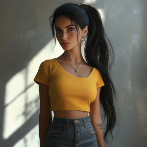 Capture the elegance of a fair-skinned woman with dark long hair...