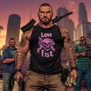 A muscular man with a stern expression stands in the center of t...