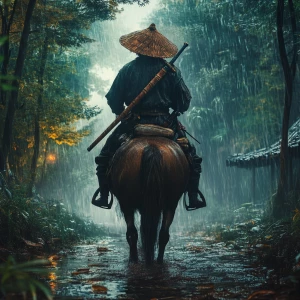 You are a graphic designer who is specialized in photoshop. Create a realistic image of a straw hat swordsman riding a horse through a rainy forest with a third-person view and soft dusky light. Cinematic stylized. High definition.