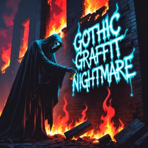 "Imagine a sinister being, cloaked in shadow, poised before a burning building, flames casting an eerie glow against the night sky. With deliberate, ghostly grace, it spray-paints the words 'Gothic Graffiti NIGHTMARE' in pulsating neon blue across the crumbling facade. The letters sizzle ominously, juxtaposed against the angry reds and oranges of the inferno. This spectral figure, shrouded in mystery and darkness, embodies chaos and creativity, leaving a chilling, unforgettable mark as the world around it burns."