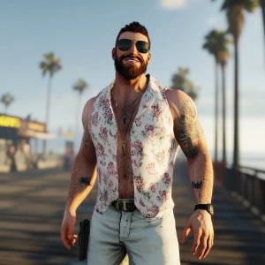 White muscular thin man with beard, big chin, smile and cheekbon...