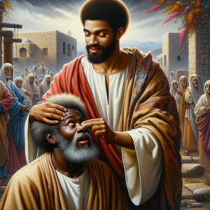 An oil painting depicting a biblical scene where Jesus, a Africa...