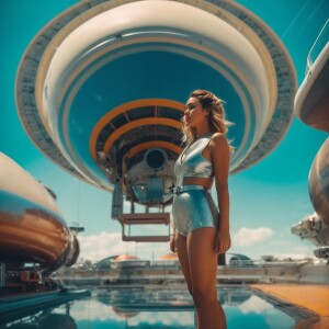 Giantess standing over spaceship