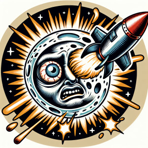 Rocket stuck  in moon's eye in an  old school tattoo style