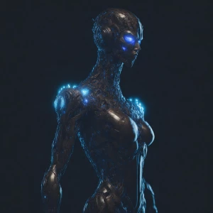 Wide shot bright room: The evolved algorithm appears as a sleek...