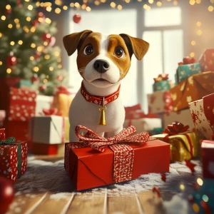 Dog Max steals Christmas presents in carton style