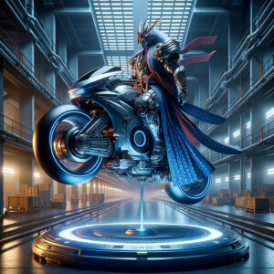 **A mythical Japanese god dressed in a high-tech armor, riding a...