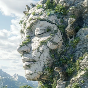 Generate an 8K UHD 3D image of a human face integrated into a Rocky Mountain landscape, with local wildlife and plants intricately forming the features of the face, ensuring a seamless and photorealistic result that merges human and nature elements cohesively.