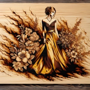 women in yellow classic silk dress surrounded by flowers