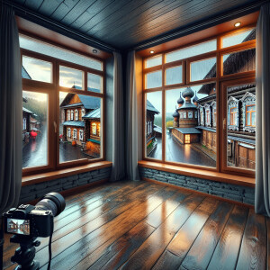 Interior of bright room with windows overlooking the Russian vil...