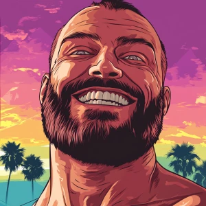 White muscular thin man with beard, big chin, smile and cheekbon...