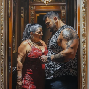 Hyperrealism .A sweaty beefy man entering with his 54 year old...