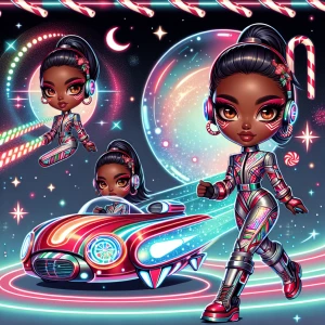 A chibi-style African American woman with warm brown eyes, style...