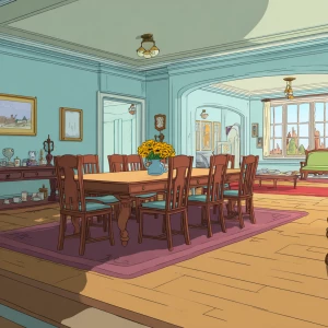 An interior shot of a dining room table in a large room in carto...