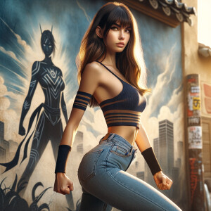 Athletic Thin skinny Attractive, Asian teenage girl, long brown hair and bangs, wearing tight skinny jeans and a halter top paint marks on her clothing, heroic pose Asian graffiti background, backside view