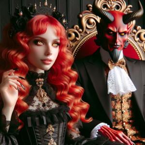 A girl with elegant gothic lolita dress sit beside handsome Lucifer, the girl has red wavy hair and golden eyes, thrones