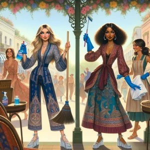 Design a storybook cover featuring two glamorous friends outside...