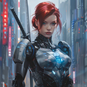 A cyberpunk samurai with red hair, blug sword --chaos 25