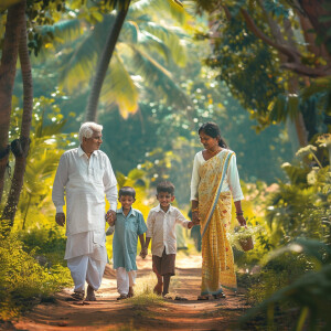 Indian modern grandparents and kids going for walk in beautiful...