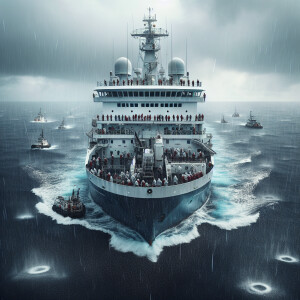 The ship is standing in the middle of the ocean. There are resea...
