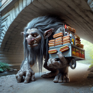 a hyper realistic image of a giant troll carrying a food cart wi...