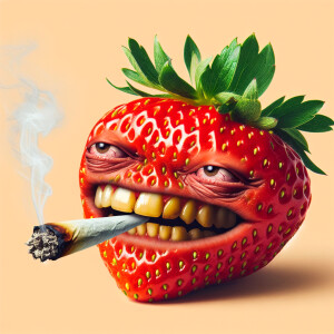 Mean strawberry, bad teeth,  smoking a joint