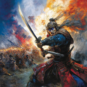 samurai with igniting sword and blue eyes, fighting against enor...