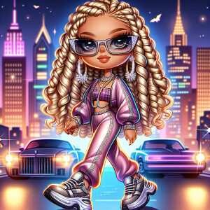 Illustrate a chic, Chibi-style woman with glossy blonde coiled t...