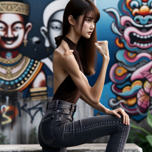 Very thin Athletic Thin skinny Attractive, Asian teenage girl, long brown hair and bangs, wearing tight skinny jeans and a halter top paint marks on her clothing, sitting side view heroic pose Asian graffiti