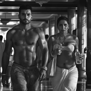 Realism,photo,A sweaty tattoed muscular man walking with his 46...